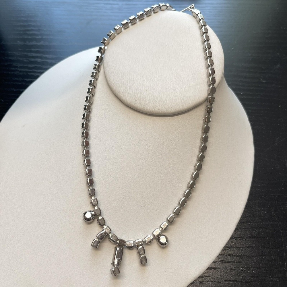Vintage Clear Rhinestone Baguette Prong Set Choker Collar Necklace 15" 1950's - Picture 4 of 5